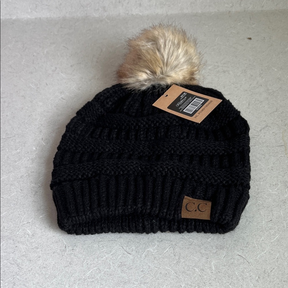 C.C Black Beanie with Faux Fur Pom